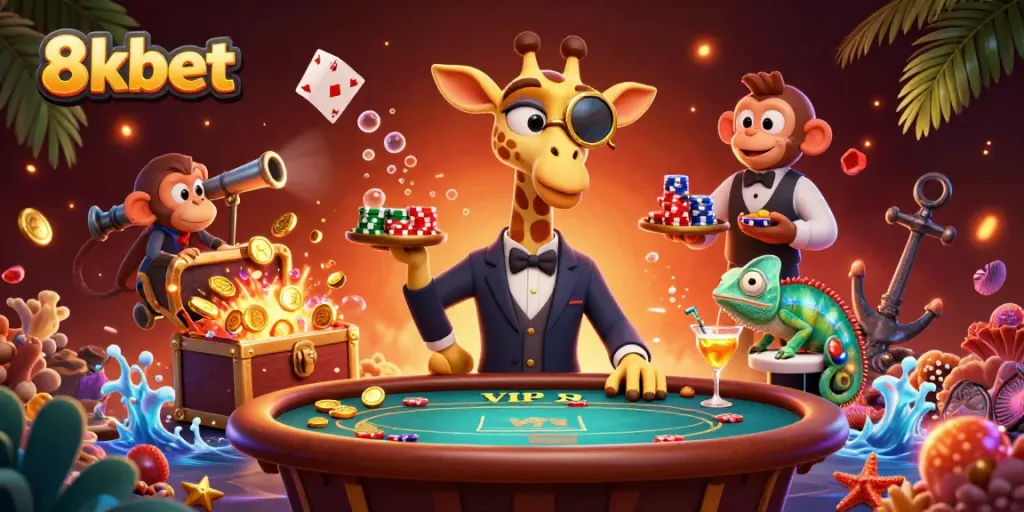 Join the 8xbet high-roller giraffe at a VIP poker table in a vibrant casino scene.