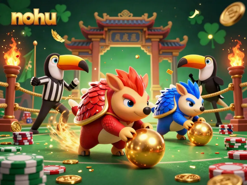 Nohu gaming scene featuring rival pangolins bowling through poker chips, capturing vibrant casino excitement.