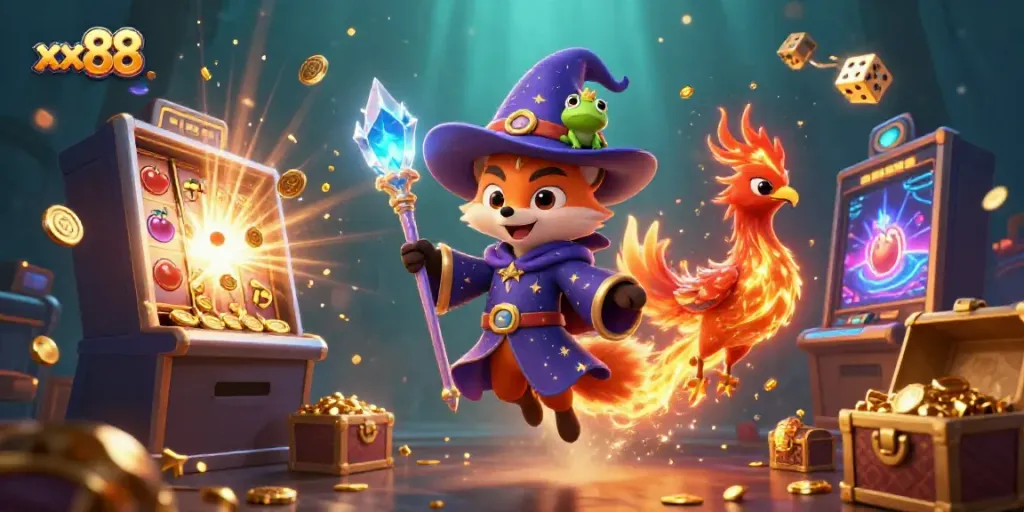 Experience the thrill of xx88 with a magical casino adventure featuring a mystical wizard, phoenix, and dynamic game elements.