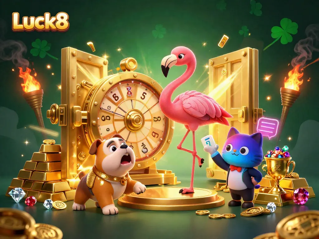Experience the excitement with Luck8, featuring vibrant 3D casino characters and a dazzling prize wheel.