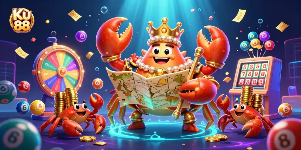 Experience the excitement of Ku 88 with our vibrant lottery scene featuring vibrant prizes and a golden crab.
