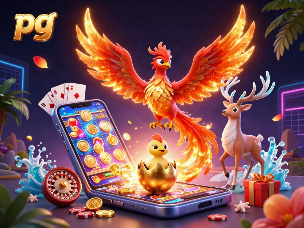 Experience exciting wins at pg with a vibrant 3D illustration of a phoenix and slot game features.