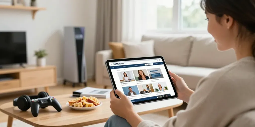 Pengguna menikmati platform bangau88 di ruang tamu yang nyaman dengan perangkat digital dan suasana hangat.
