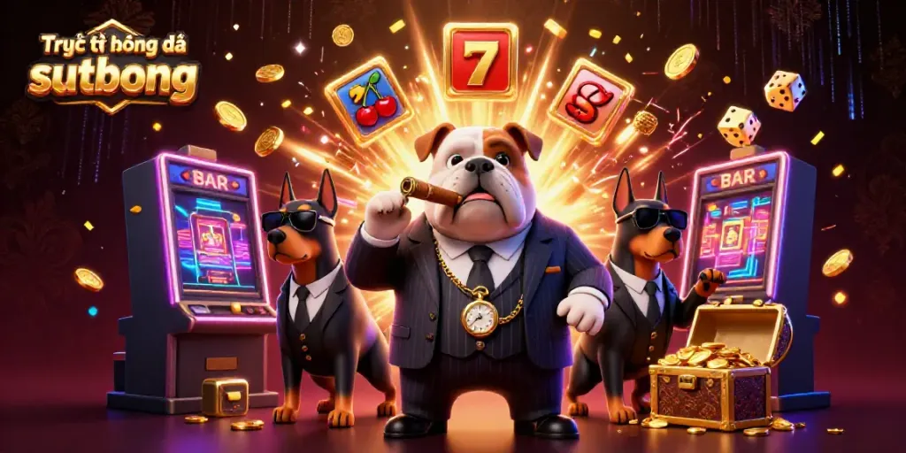 Experience live football action with Trực tiếp bóng đá sutbong featuring a dynamic casino-themed illustration.