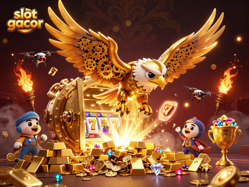 Experience the thrill of slot gacor with a dynamic illustration featuring a golden eagle and slot reels.