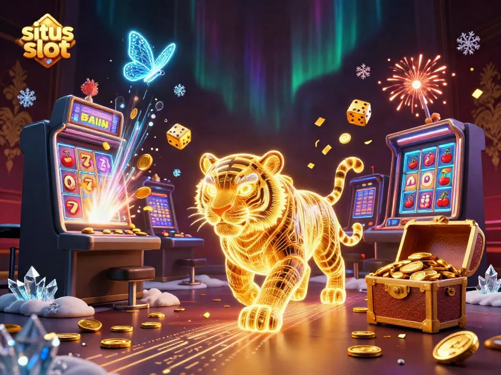 Engage with situs slot excitement as a neon tiger navigates a dynamic casino filled with jackpots and vivid symbols.
