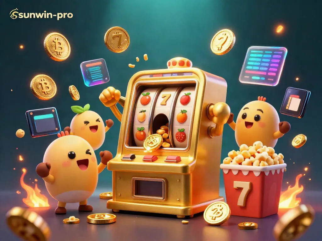 Experience the excitement with sunwin-pro's jackpot, where a golden slot machine celebrates as coins rain down!