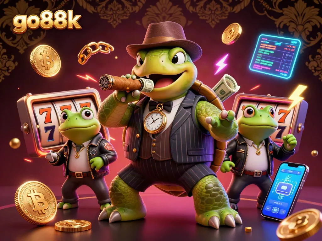 Engage with go88k's vibrant casino scene featuring a snapping turtle mobster and dynamic elements.