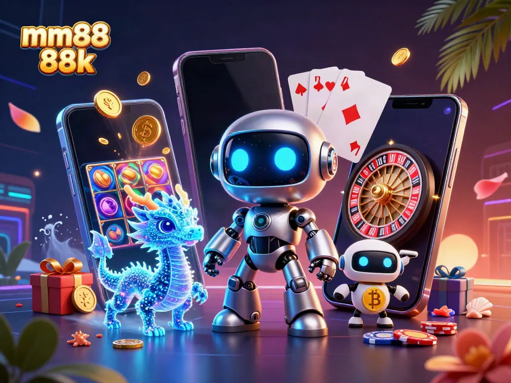 Engage with the vibrant world of mm88 88k casino gaming featuring a cyberpunk mascot and dynamic game elements.