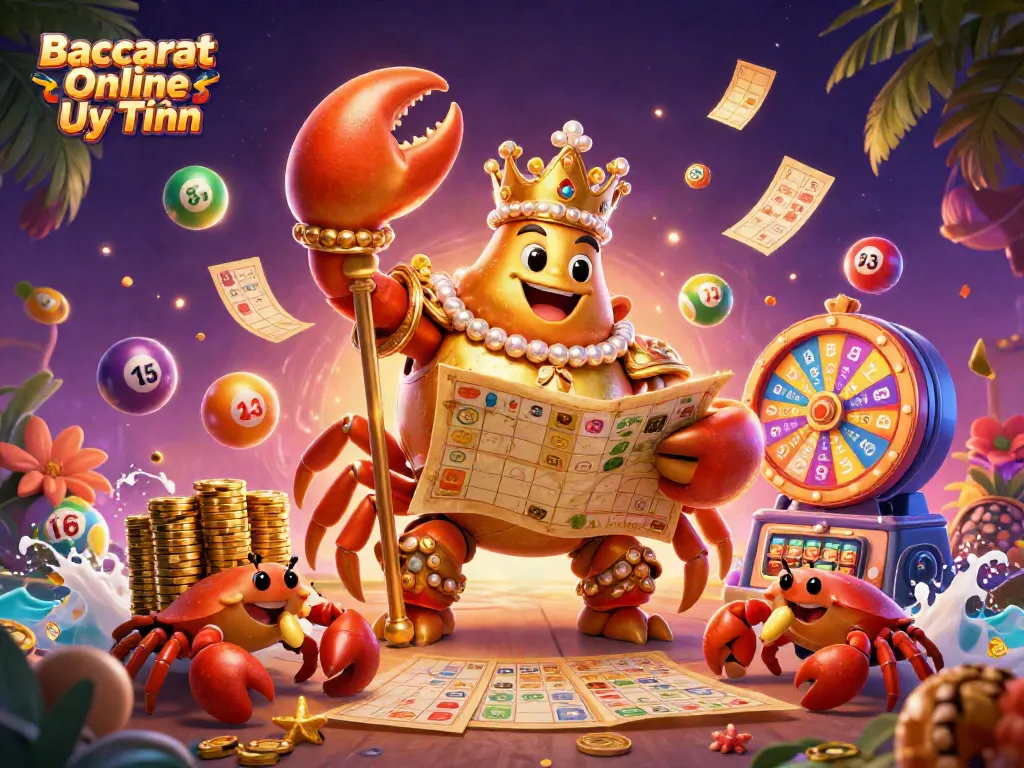 Engage in Baccarat Online Uy Tín with a vibrant scene of a golden crab emperor and animated game elements.