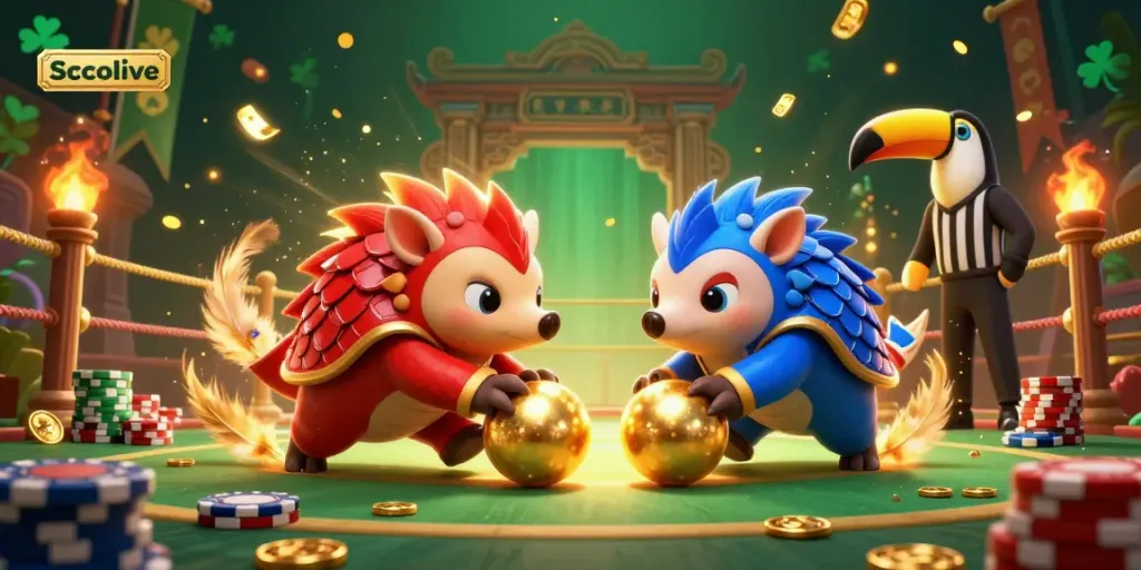 Socolive pangolins compete in a lively online casino scene, surrounded by shimmering poker chips and golden elements.