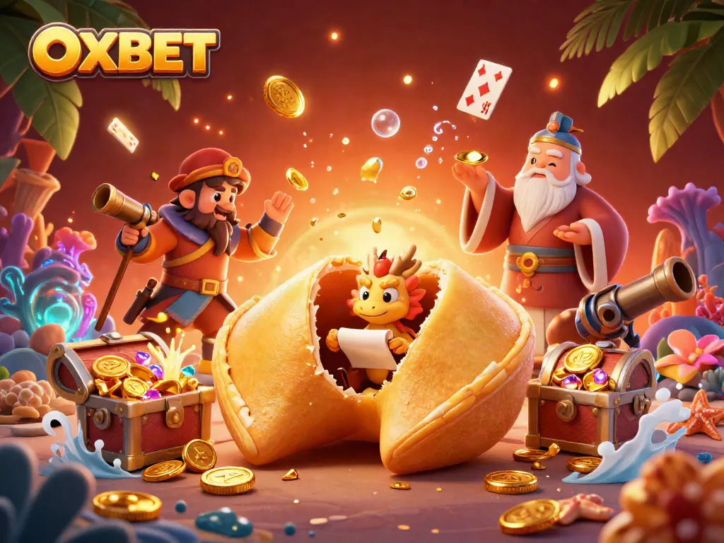 Bet big at OXBET while enjoying a vibrant online casino scene with gold coins and lively characters.