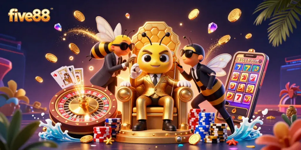 Experience five88 slots and games with a vibrant mob boss scene packed with casino excitement.