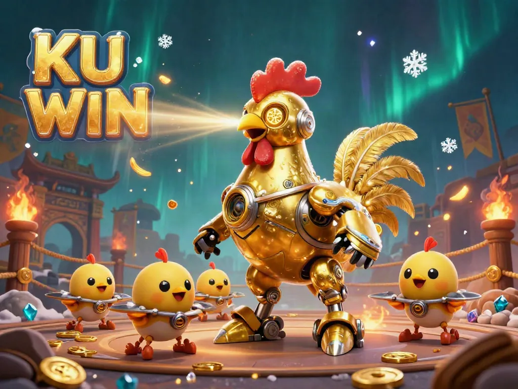 Bet on big wins with KU WIN in the vibrant 3D casino action illustration featuring golden elements and characters.