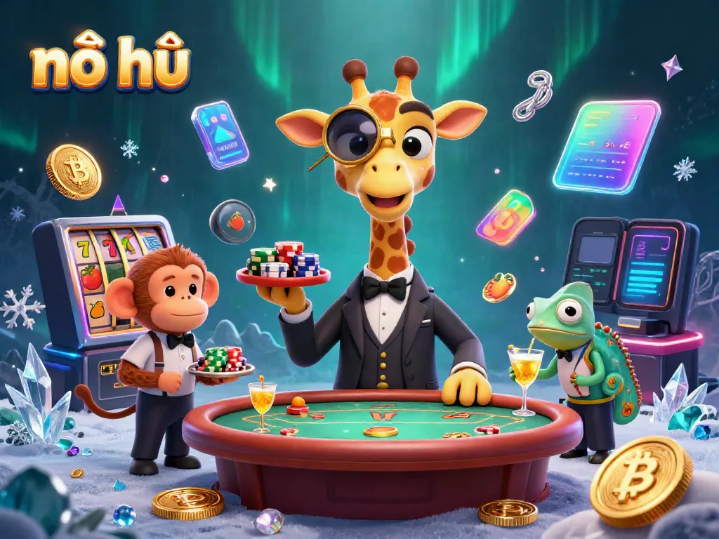 Experience the thrill of nổ hũ with vibrant characters amidst jackpot slots and neon crypto elements.