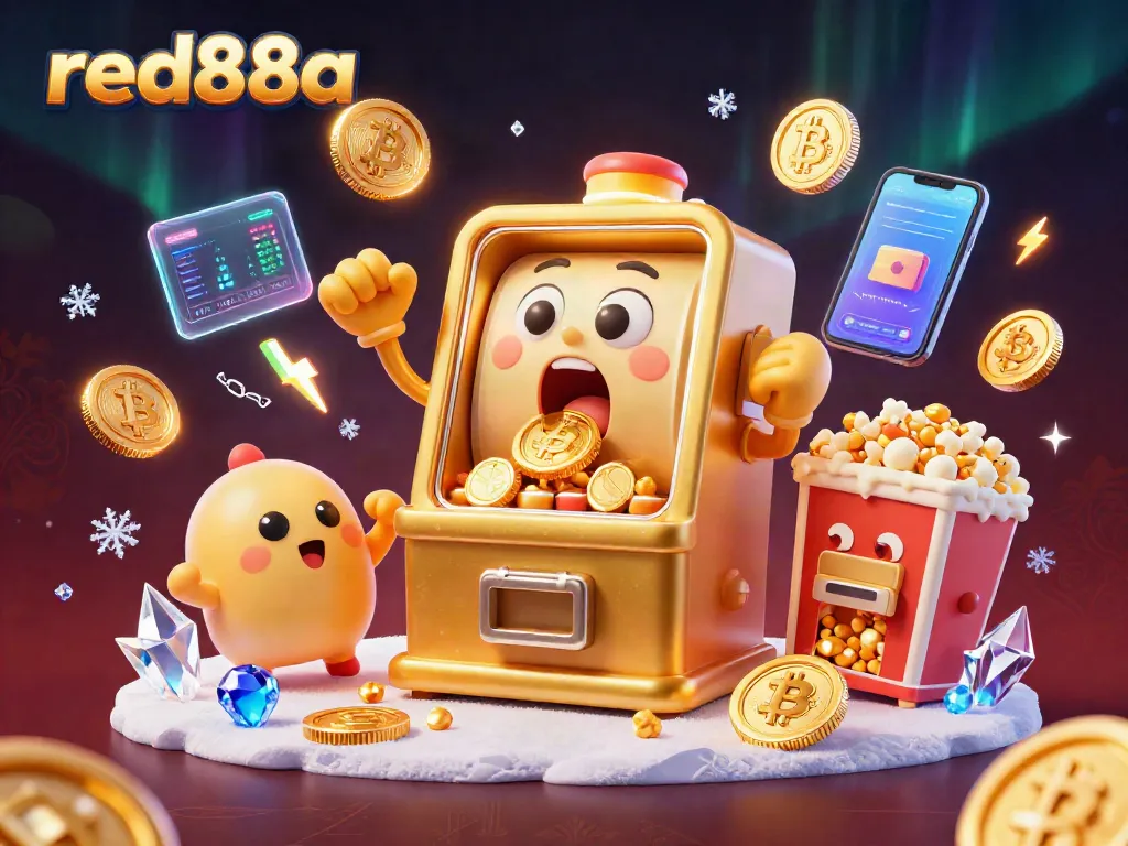 Experience the excitement of red88a as golden slot machines celebrate jackpots amidst vibrant crypto elements.