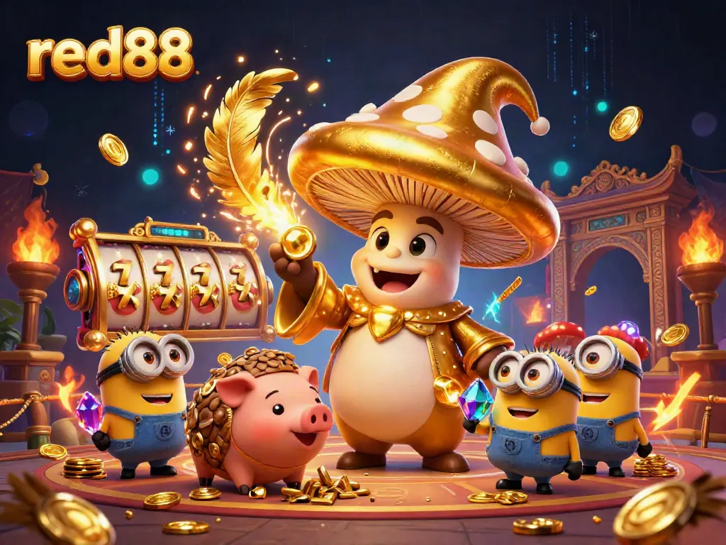 Engage with red88 as the golden mushroom wizard and truffle pig bring casino treasures to life in a magical 3D scene.