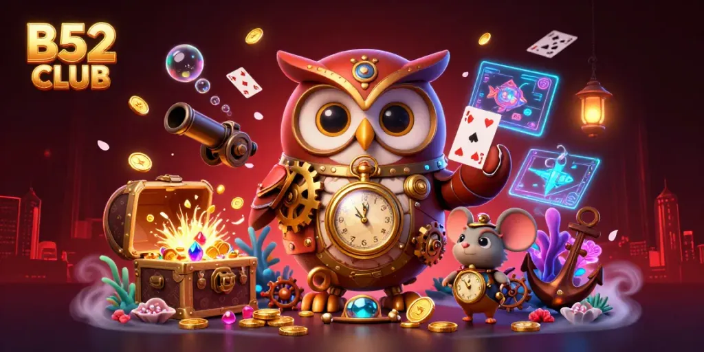 Experience thrilling gameplay at B52 CLUB, where the steampunk owl and clockwork mouse collide in an explosion of coins and vibrant casino action.