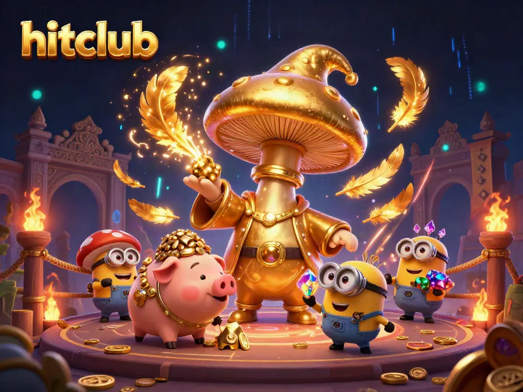 Experience the hitclub magic with the golden mushroom wizard conjuring treasures in an enchanting casino.