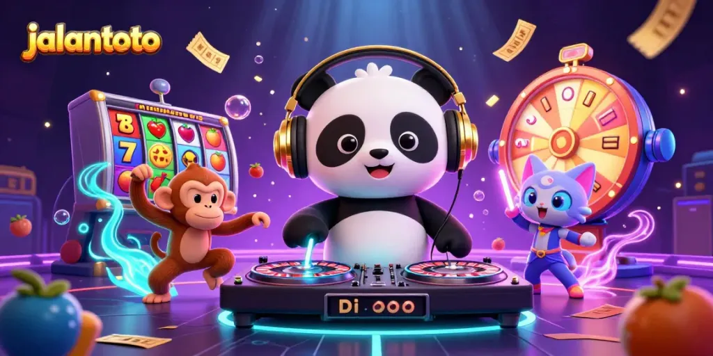 Engage with jalantoto's vibrant online casino scene featuring a DJ panda and slot elements.