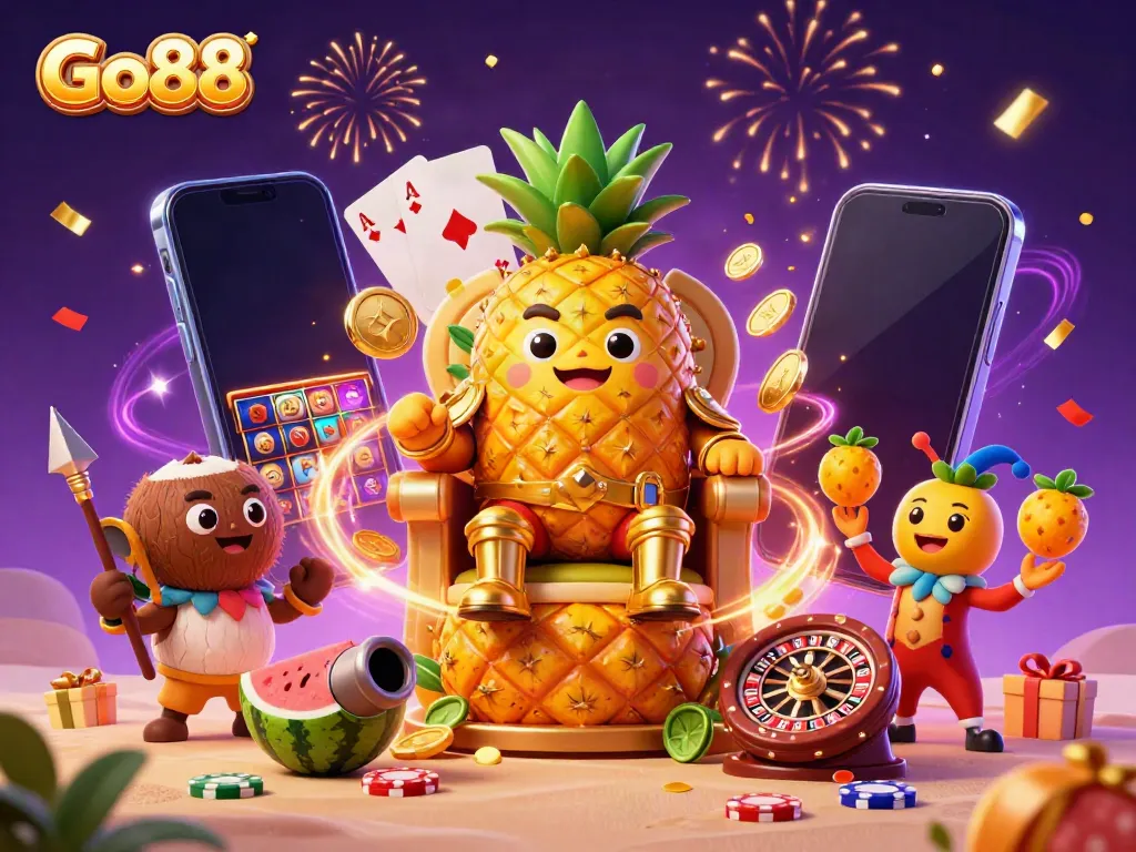 Go88 engages players with a vibrant gaming scene featuring a golden pineapple king and exciting casino elements.