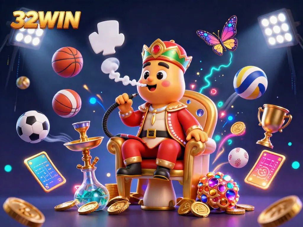 Engage with the thrilling world of gambling at 32WIN through an imaginative 3D illustration filled with dynamic elements.