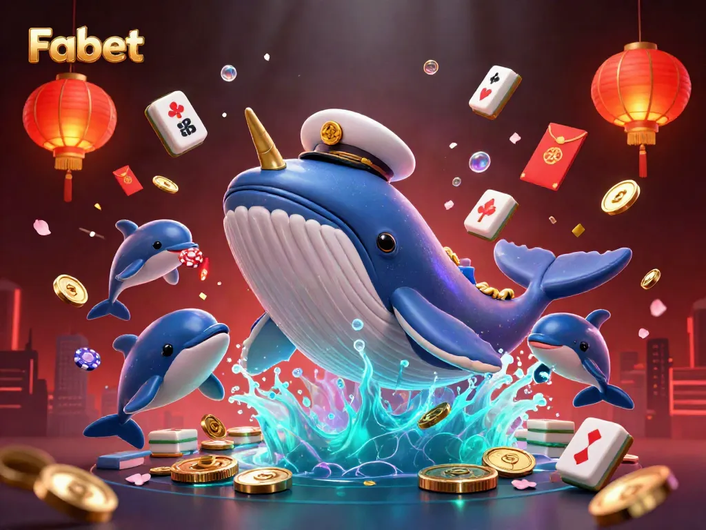 Fabet's dynamic gaming world with whales, dolphins, and poker chips in a vibrant casino scene.