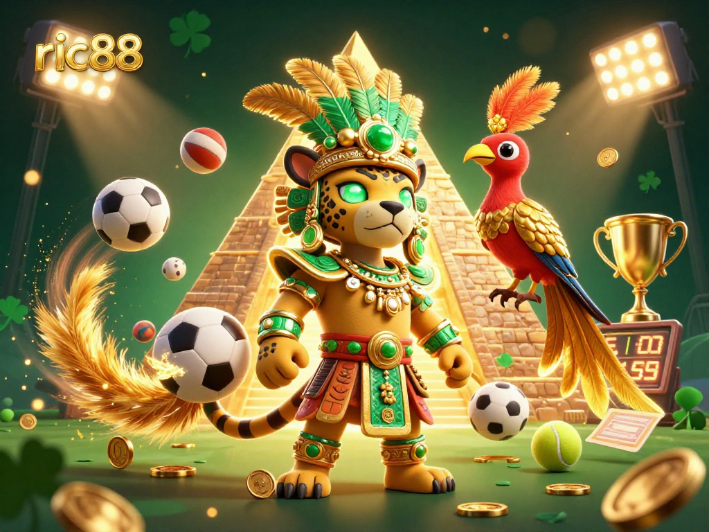 Engage with ric88’s immersive 3D casino-themed illustration featuring vibrant sports betting elements.