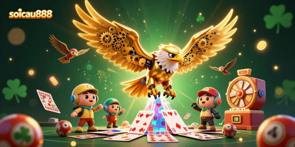 Engaging soicau888 illustration of a golden eagle amidst lottery elements, showcasing thrilling gaming energy.