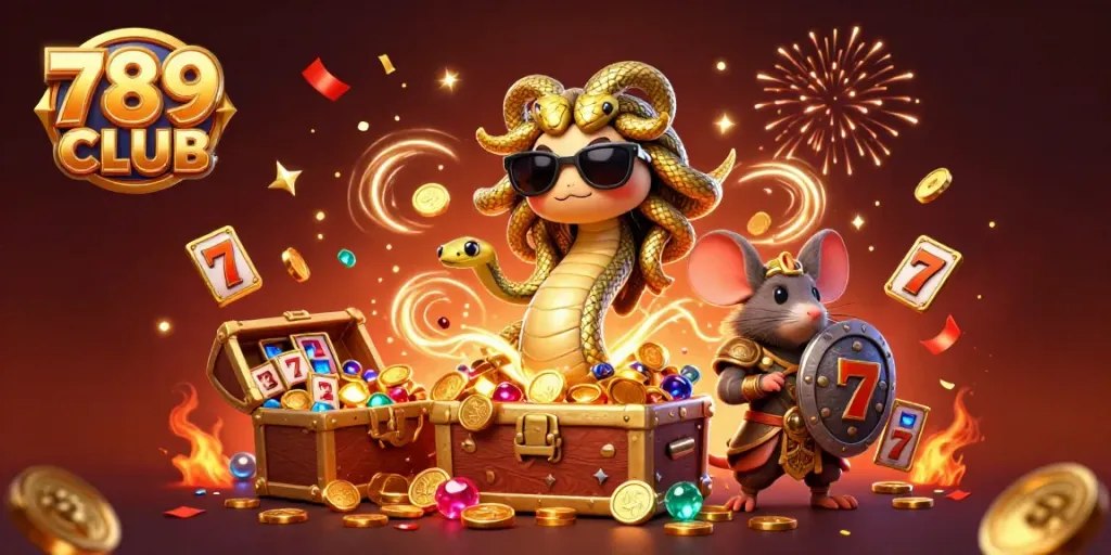 Experience the vibrant dynamic scene of 789 CLUB with friendly Medusa and golden treasures.