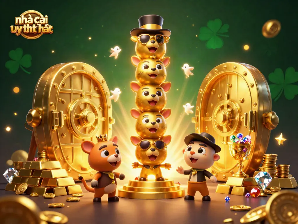 Engage with the most trusted nhà cái uy tín nhất surrounded by gold and vibrant casino elements.