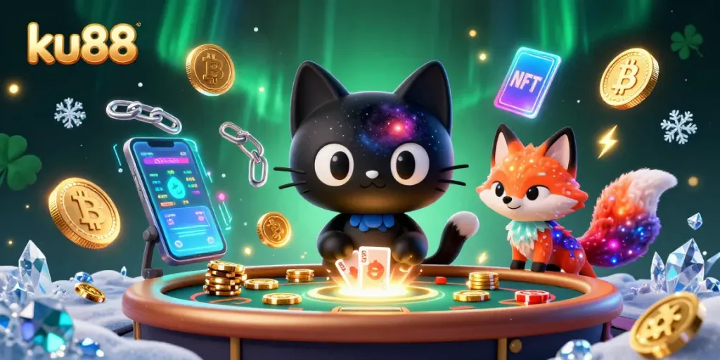 Engage with ku88’s cosmic casino table, where a black hole cat attracts chips amidst digital assets.