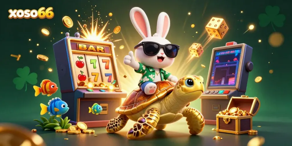 xoso66's vibrant 3D scene of a lucky rabbit and a golden turtle amidst casino-themed elements