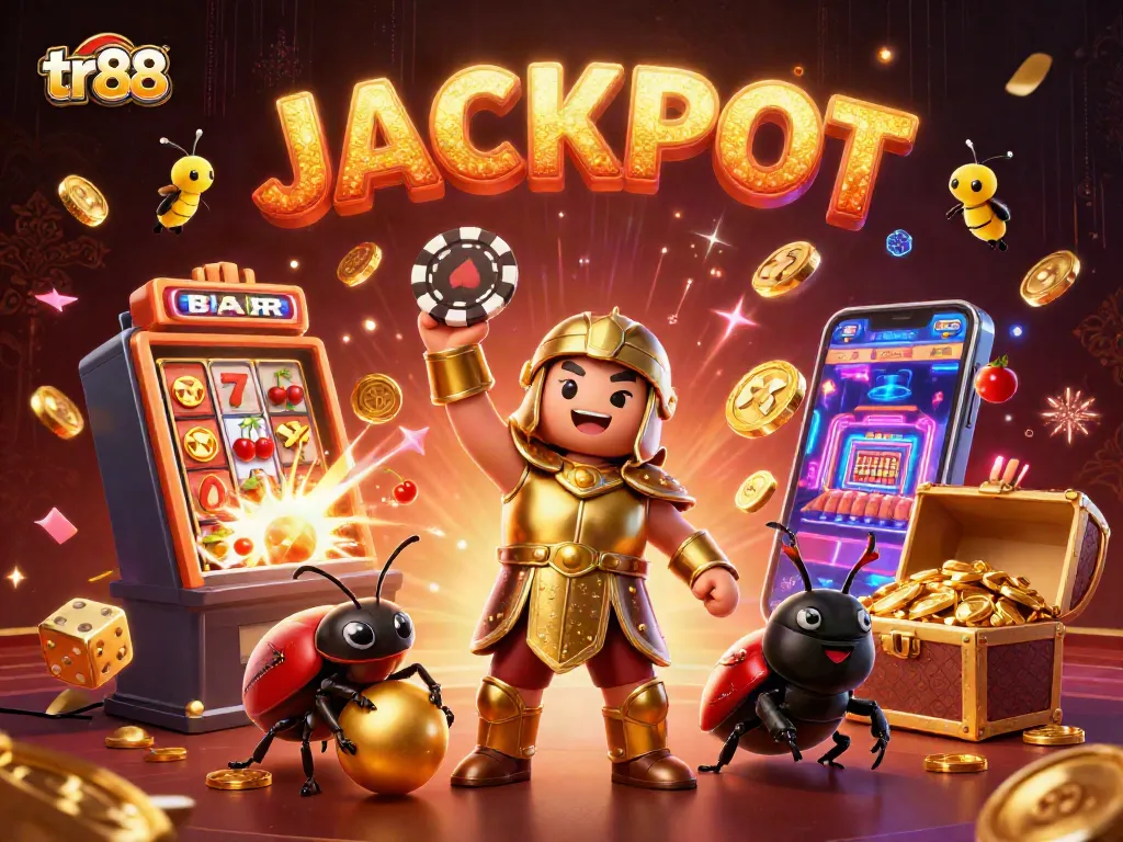 Celebrate big wins with tr88, featuring vibrant 3D casino elements including jackpot symbols and characters.
