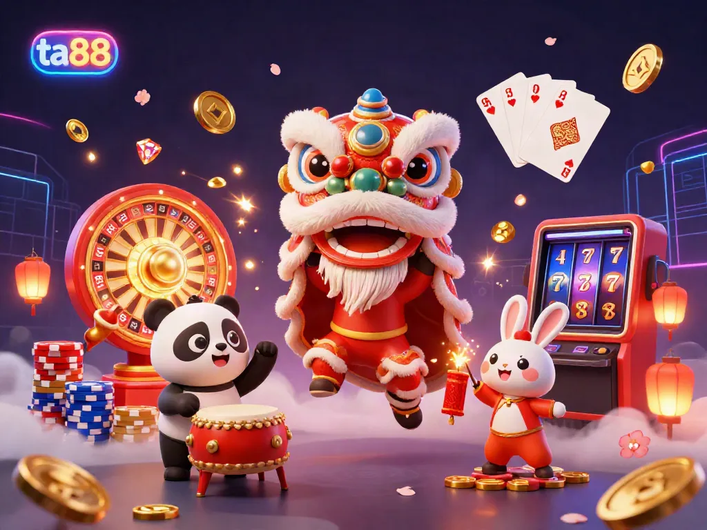 Experience the thrill of ta88 with vibrant casino elements and dynamic characters celebrating fortune and luck.