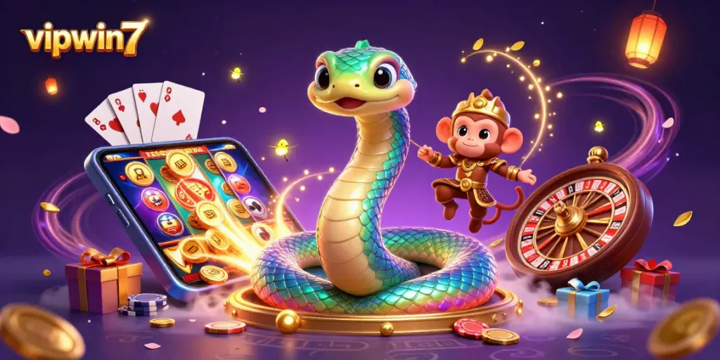 Engage with vipwin7 in a vibrant casino scene featuring colorful slot games and dynamic characters.