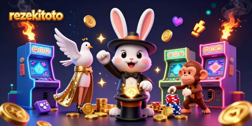 Experience rezekitoto's thrilling game action in a vibrant illustration of a magician rabbit pulling golden coins.