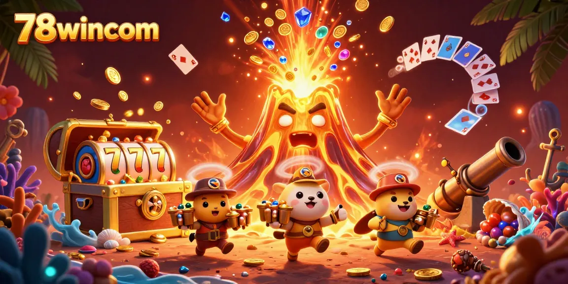 Experience thrilling wins with 78wincom’s vibrant slots and treasures erupting in a golden scene.
