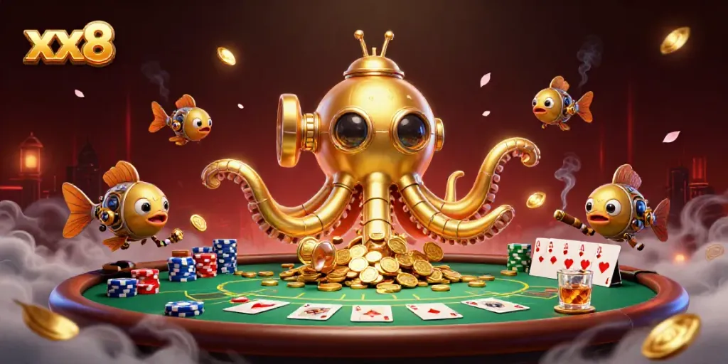 Experience thrilling wins at xx8 casino with vibrant poker elements in a dynamic 3D scene.
