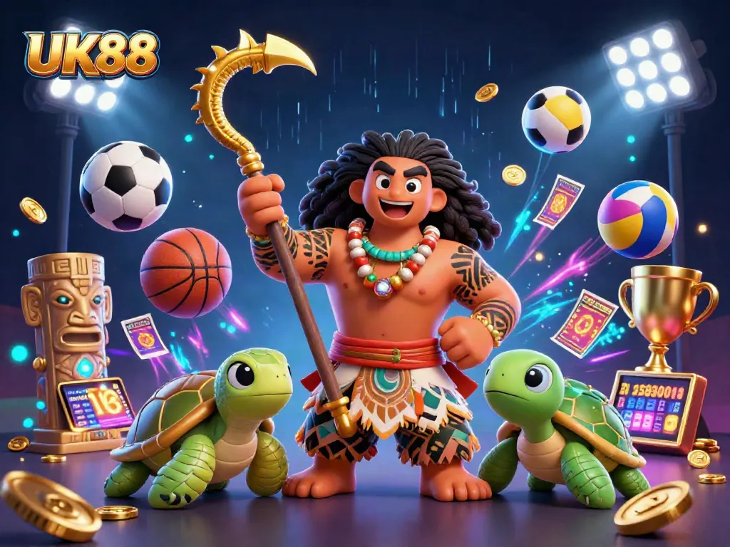 Experience the thrill of UK88 as a demigod hawk launches sports betting with vibrant elements.