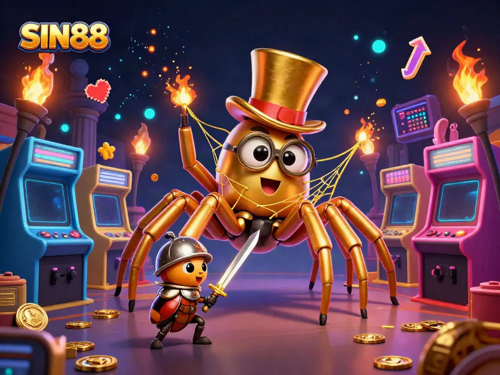 SIN88 showcases a lively scene with a golden tarantula and a beetle knight amid vibrant arcade elements symbolizing casino excitement.