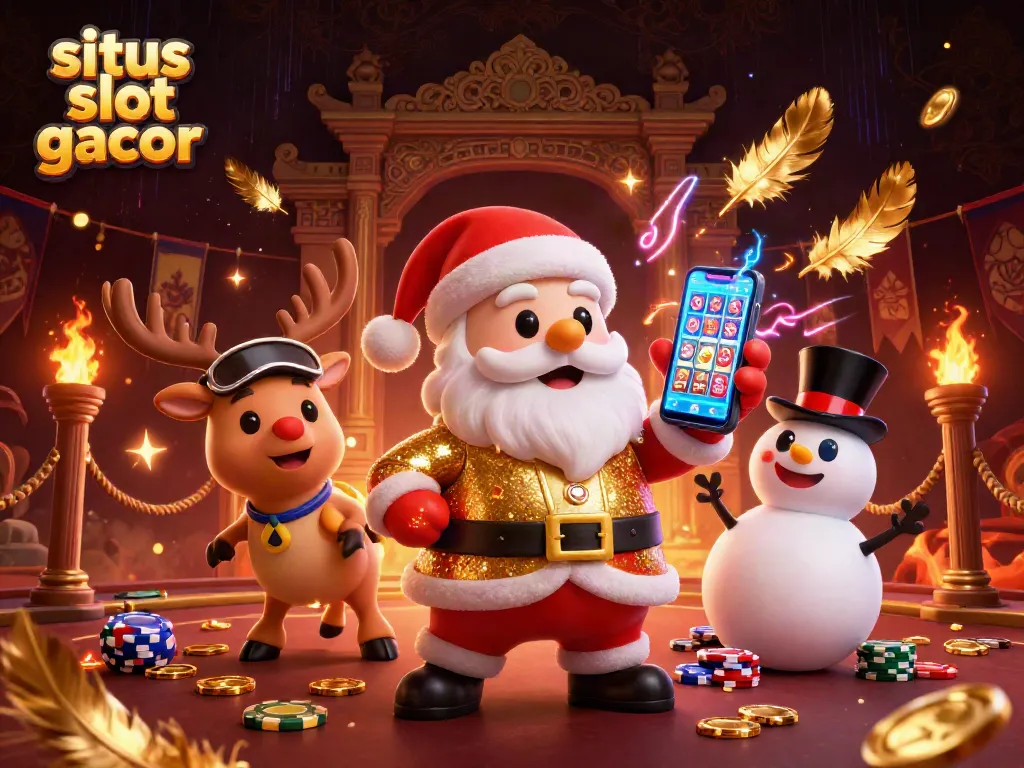 Spin to win on situs slot gacor with Santa and friends in a festive casino scene.