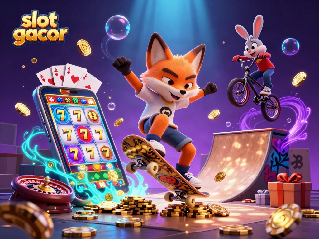 Experience exhilarating slot gacor action with a vibrant 3D scene featuring cartoon characters and dynamic slot elements.