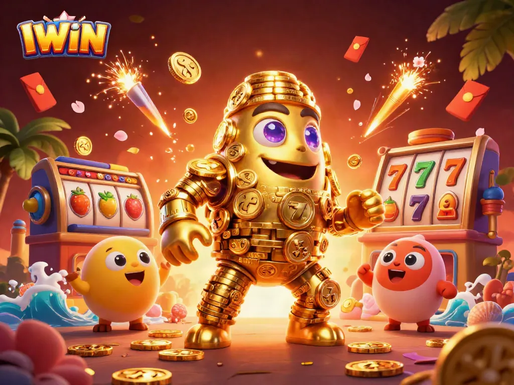 Engage with IWIN's thrilling slot experience featuring golden golems and dynamic game symbols.