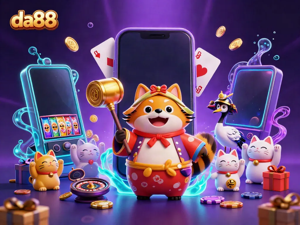 Festival-themed da88 scene showcasing a tanuki, crane, and fortune cats with casino game elements.