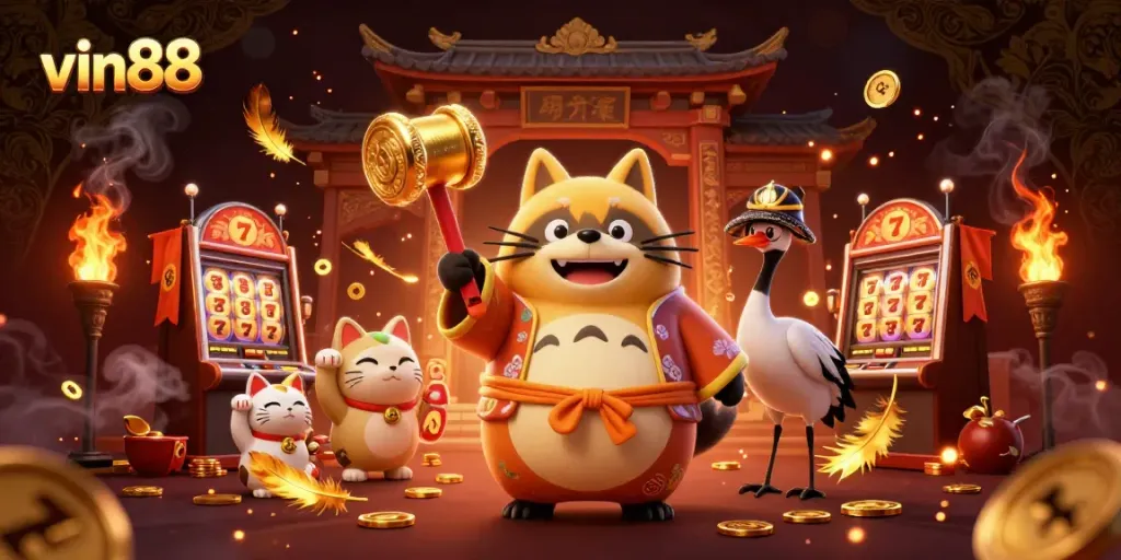 vin88's captivating 3D scene of a cheerful tanuki and lucky symbols celebrating casino excitement