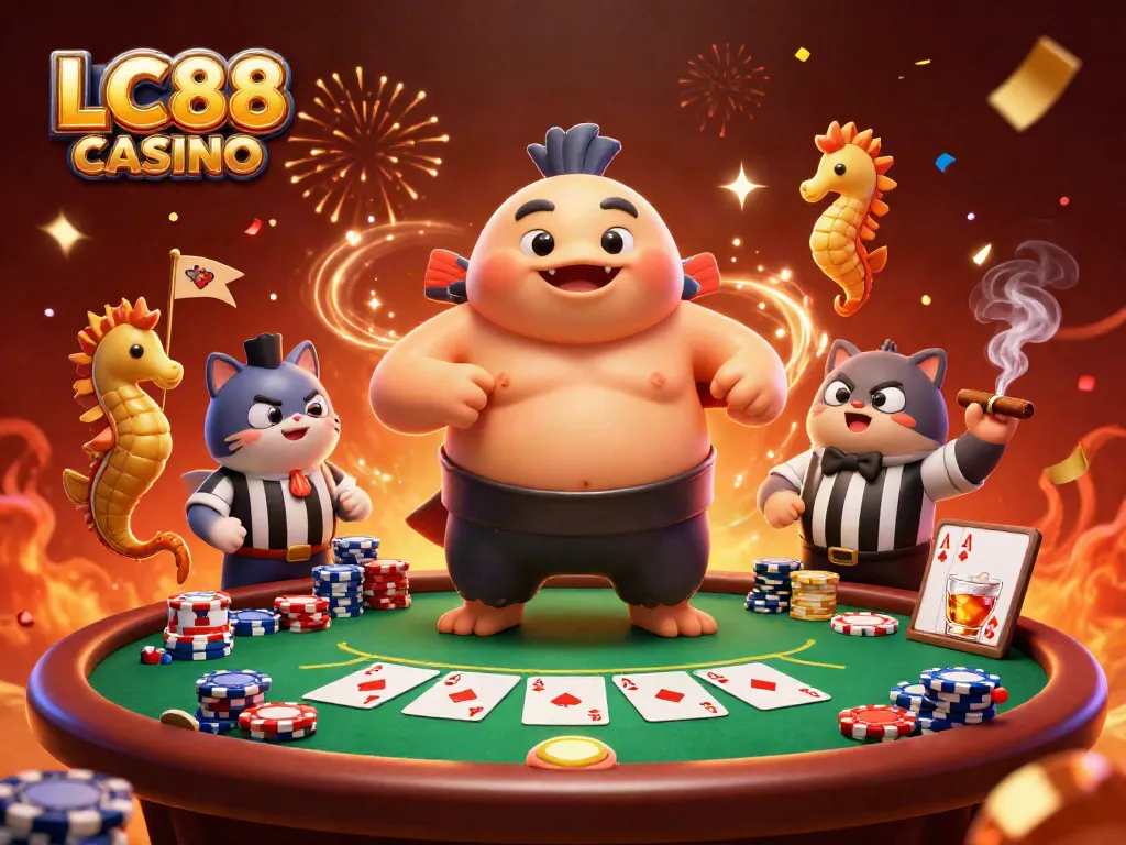 Experience exciting gaming at LC88 CASINO with dynamic poker scenes featuring vibrant fish characters.