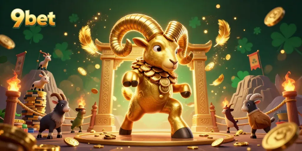 Engage with 9bet's thrilling atmosphere featuring a golden ram charging through a lavish casino.