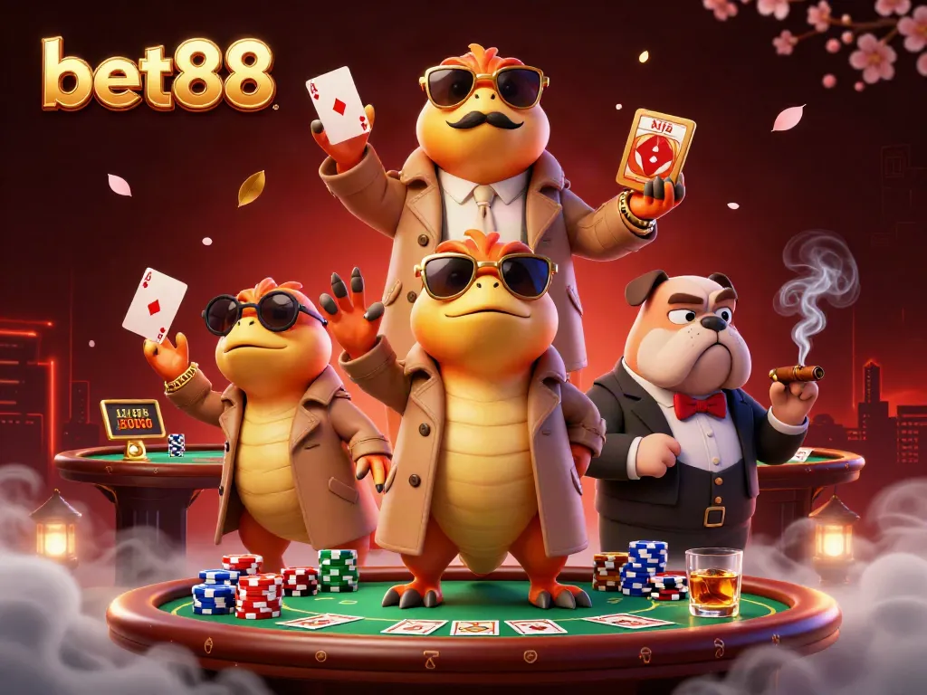 Experience the excitement of bet88 in a vibrant casino scene with cartoon raptors and poker elements.