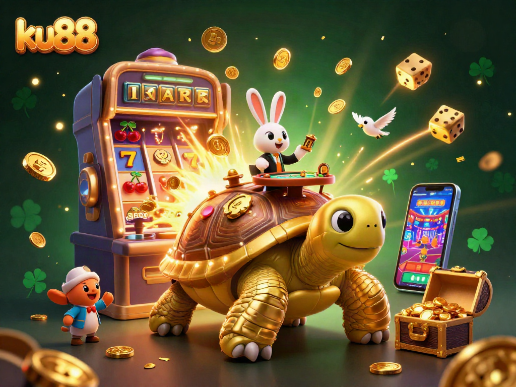 Experience the excitement of ku88 with a vibrant 3D casino scene filled with golden treasure and jackpots